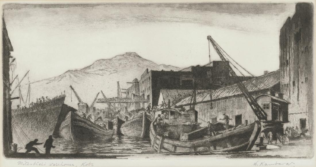Hiroshi Kambara Etching Mitsubishi Warehouse, Kobe: Artist: Hiroshi Kambara Mitsubishi Warehouse, Kobe Pencil signed "H. Kambara" in the lower right Etching Plate measures 7 x 14 1/8 on 11 x 18 1/4 inch medium weight watermarked wove type paper. Please