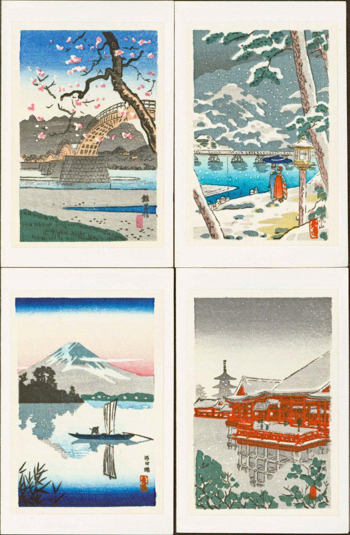 Tsuchiya Koitsu Four Small Woodblocks: Artist: Tsuchiya Koitsu Four Small Tsuchiya Koitsu Woodblock Prints Titles: Kintai Bridge in Iwaki/ Arashiyama / Kawaguchi Lake / Kiyomizu Temple Date: 1930s - Mid-Century. Size: Approximately 3.5 x 2
