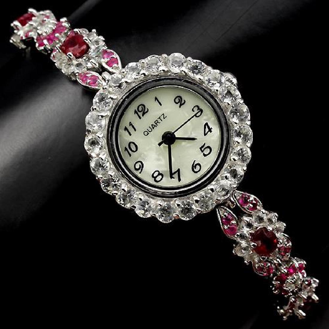 Platinum Sterling Silver White Topaz Ruby Watch, 8.1ctw (1 of 2)