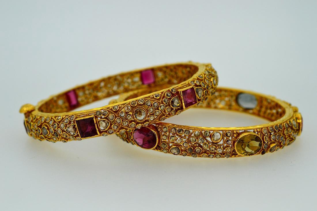 Vintage Pair 22K Gold Garnet Diamond Bracelets, 8ctw (1 of 3)