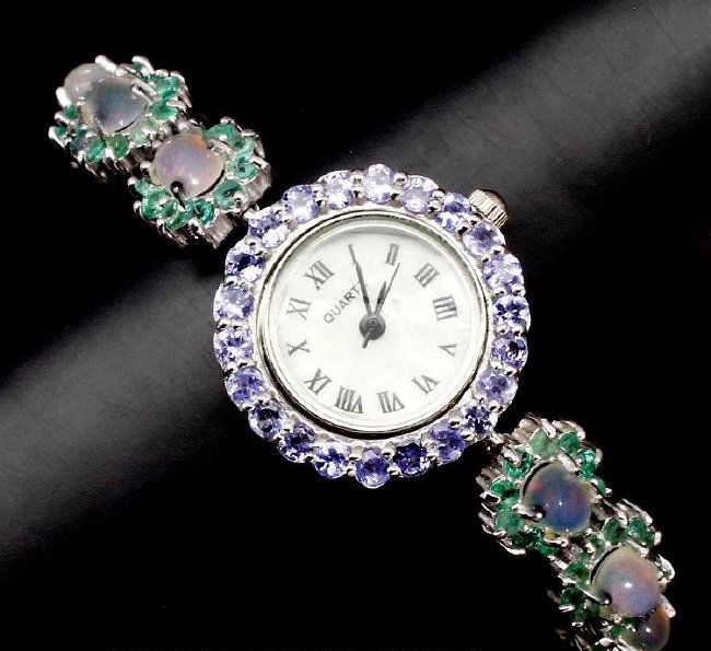Platinum Sterling Tanzanite Opal Emerald Watch, 8.56ctw (1 of 3)