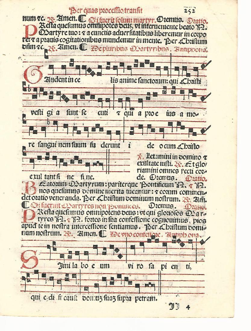 1567 Catholic Hymanl Leaf Red and Black: 1567 Catholic hymnal leaf printed in red and black, music both sides, from “Sacerdotal ad Consuetudinem Sacro Sancte…”, printed at Venice by Petri Liechtenstein. Fine, measures 6 x 8.5”. Pleas