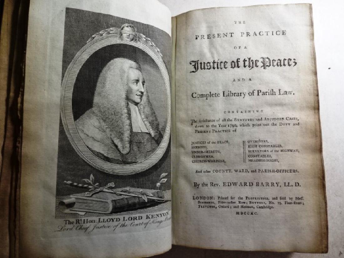 1790 Present Practice Justices Peace Complete Library: “The Present Practice of Justices of the Peace and a Complete Parish Library”, by Edward Barry, printed at London for the Proprietors Simmonds, Butters, Fletcher, and Hodson. MDCCXC (1790). Volume