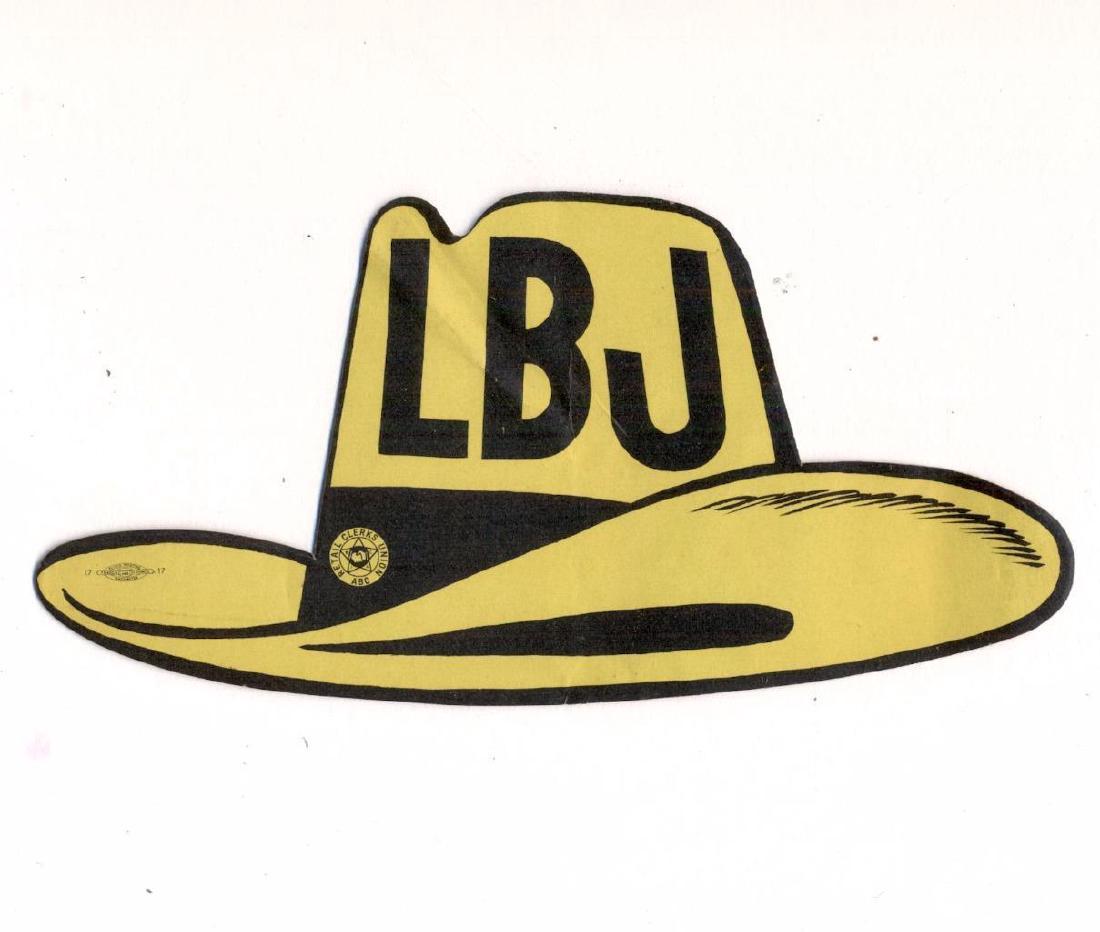 VINTAGE 1960 COWBOY HAT STICKER DECAL PROMOTES LBJ: Circa 1960 Vintage Political Decal; Endorses Democrat, Lyndon Byrd Johnson for President. Black and gold cowboy hat sticker decal endorsement by the Retail Clerks Union. Printed by Allied Printing. Ap