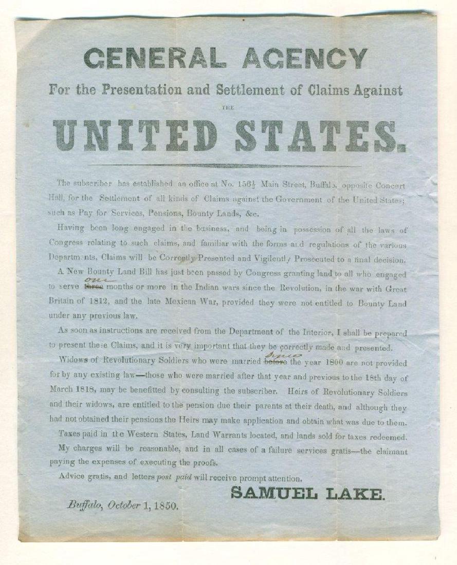 1850 BROADSIDE, SAMUEL LAKE of Buffalo NY SETTLES WAR: Circa 1850 Antique Advertisement Handbill or Broadside partly reads; "GENERAL AGENCY For the Presentation and Settlement of Claims Against the UNITED STATES. The subsciber has established an office at
