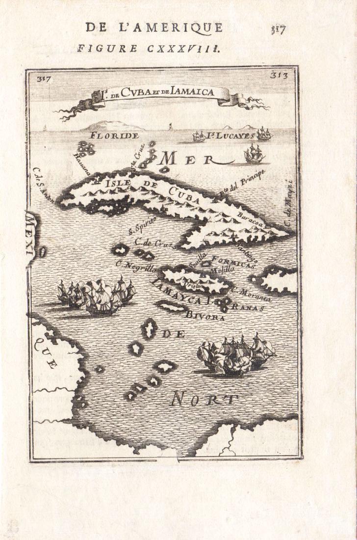 Mallet: Antique Map of Cuba, 1683: Map: Is. de Cuba et de Iamaica Cartographer: Mallet Place & Date: Paris / 1683 Size: 4" x 6" Condition: b&w; a good strong impression A beautiful exemplar of the delightful Cuba and Jamaica map from M