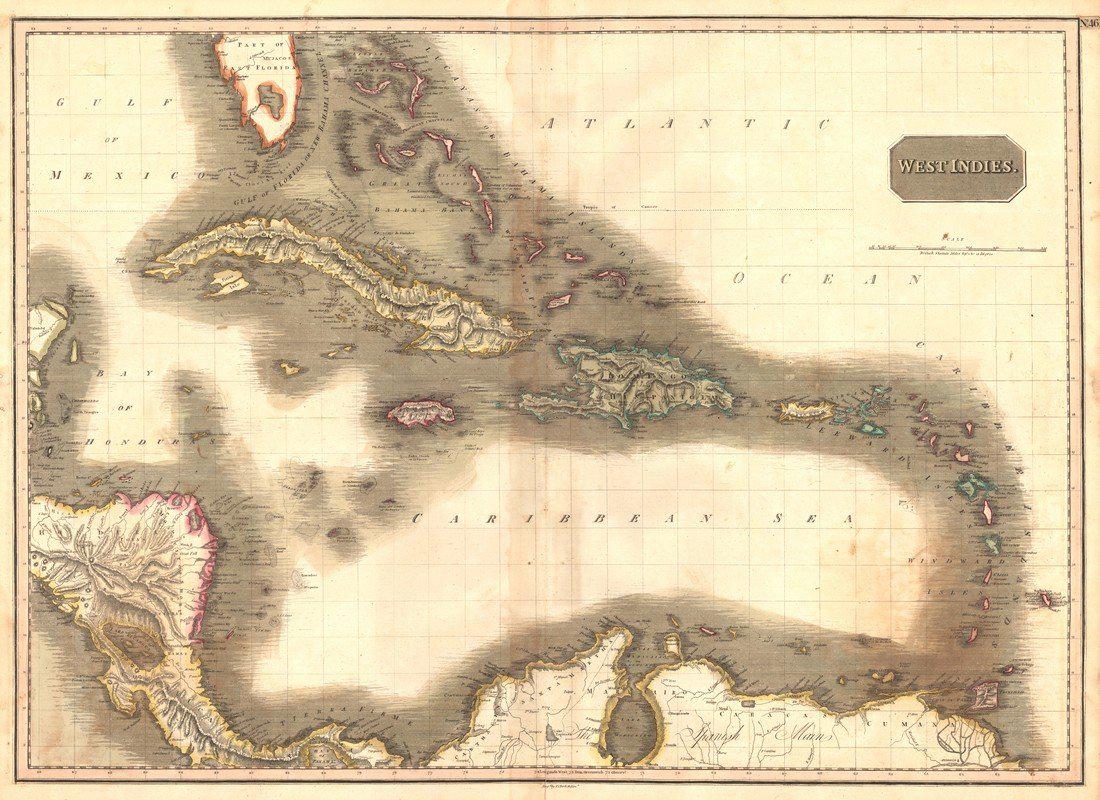 Thomson: Antique Map of West Indies, 1817: Map: West Indies. Publication Date: 1817 Cartographer: THOMSON, JOHN & CO. Publisher: JOHN THOMSON, JUNR. & CO. Size: Double Folio – 19.25 H x 26.75 W Inches No.46 from Thomson's New General Atlas 1
