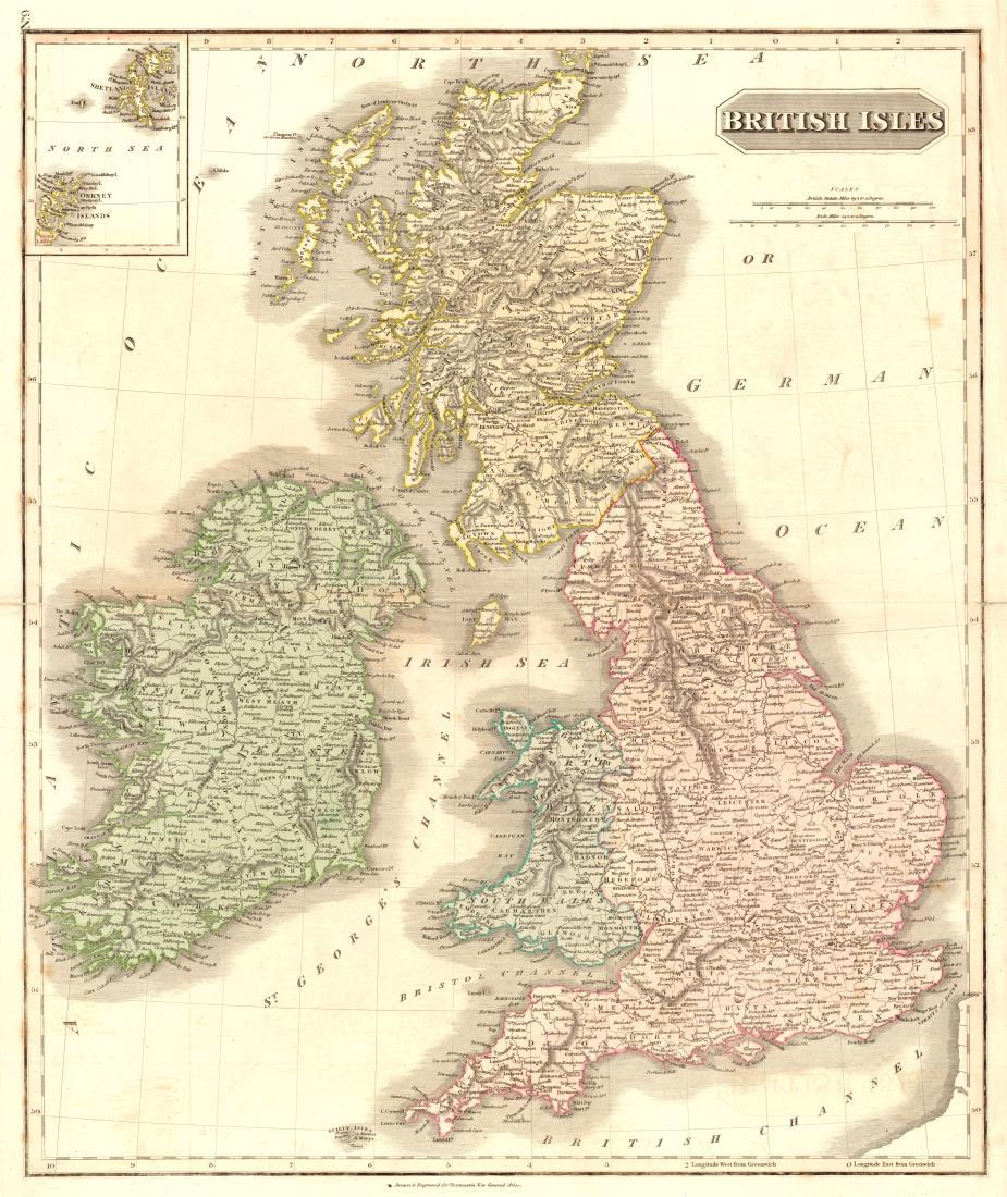 Thomson: Antique Map of British Isles, 1815: Map: British Isles Publication Date: 1815 Cartographer: THOMSON, JOHN Publisher: JOHN THOMSON & CO. Size: Elephant Folio – 23.60 H x 19.80 W Inches Engraved for Thomson's New General Atlas. Original