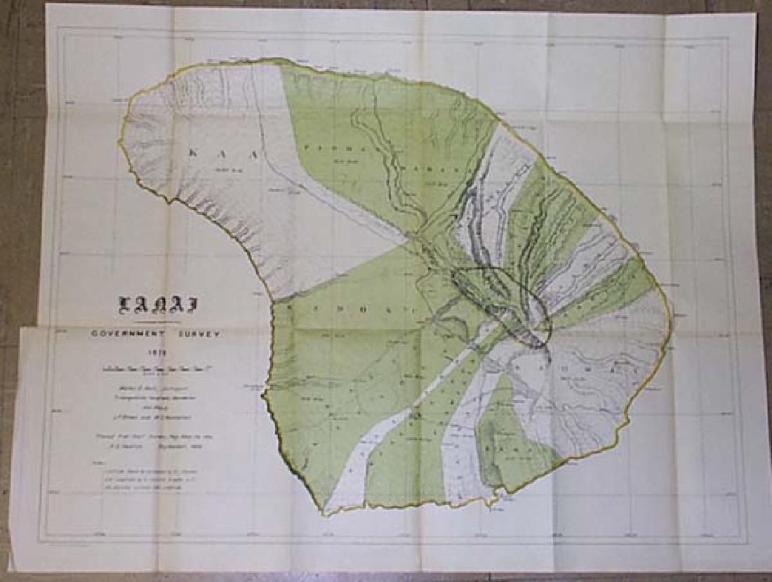 Newton: Antique Map of Lanai Hawaii in 1878: Map: Lanai 1878 Publication Date: 1906-09-01 Cartographer: Newton, H. E/J. F. Brown/M. D. Monsarrat Publisher: Hawaiian Government Survey Size: Elephant Folio – 19.60 H x 26.25 W Inches Detailed top