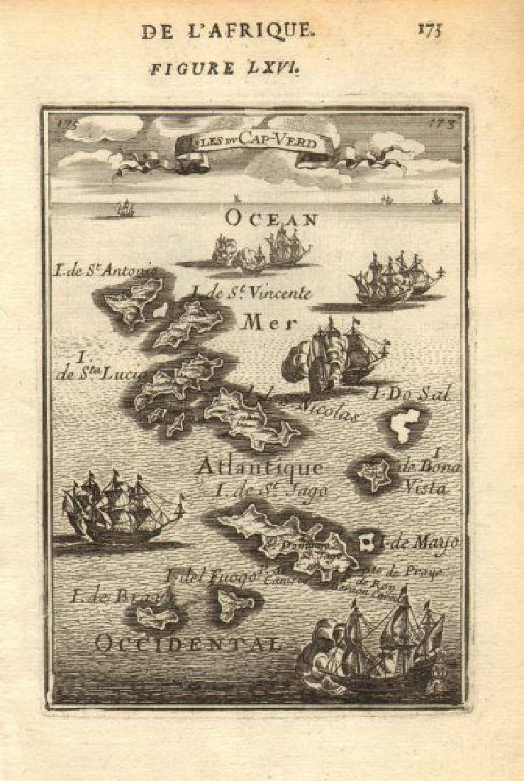 Mallet: Antique Map of Cape Verde Islands, 1683: Isles du Cap-Verd' The map shows the Cape Verde islands: St Antonio (Santo Antão/Antao), St Vicente (Sao/São Vicente), Sal, St Nicholas (Sao Nicolau), Sta Lucia (Santa Luzia), St Jago (Santiago), Bo