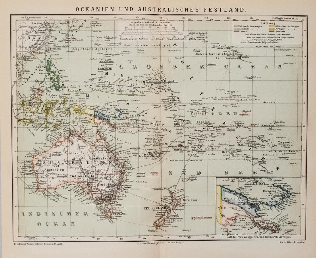 Brockhaus: Antique Map of South Pacific, 1885: Title/Content of Map: 1885 Brockhaus Map of South Pacific including Hawaii, Australia and New Zealand -- Ocenaien und Australisches Festland Date Printed: 1885, Leipzig Cartographer: F Brockhaus Size: