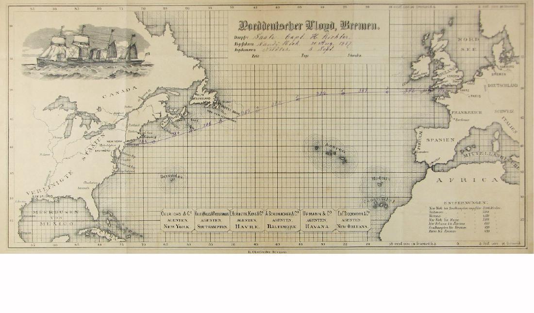 Antique Nautical Ship's Map of Atlantic Ocean, 1882 (1 of 1)