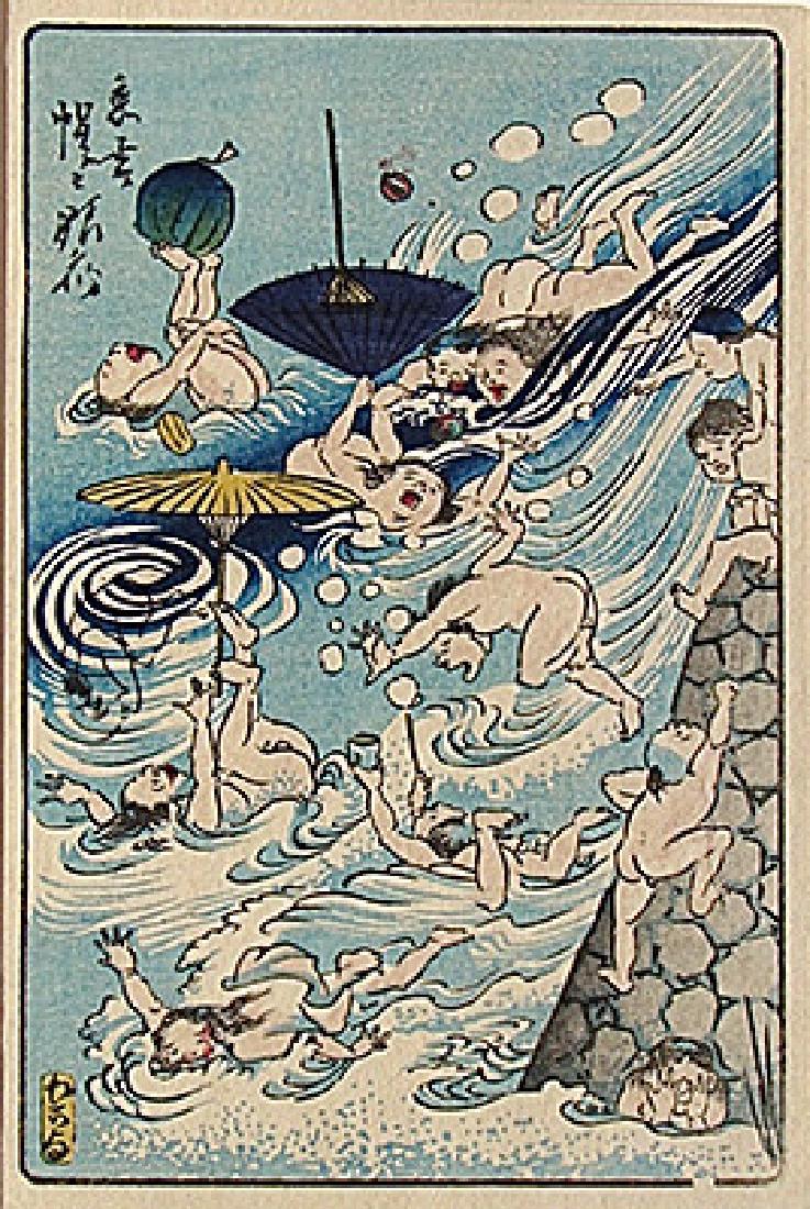 Kawanabe Kyosai Woodblock Children Swimming: Artist: Kawanabe KYOSAI Subject: Children Swimming Series: Kyôsai hyakuzu (One Hundred Pictures by Kyôsai) Signature: Kyôsai Date: 1863-66 Medium: Japanese Woodblock Print Format: koban, 18.2 x 12.