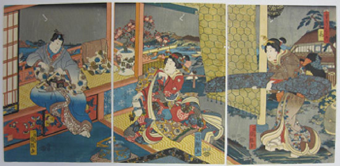 Kuniteru Utagawa Woodblock Flowers: Artist: Utagawa Kuniteru Flowers Issued: c. 1850 Medium: Woodblock with embossing and lacquer detail Edition: Oban Triptych Condition: very fine color state and condition a few small wormholes, lightl