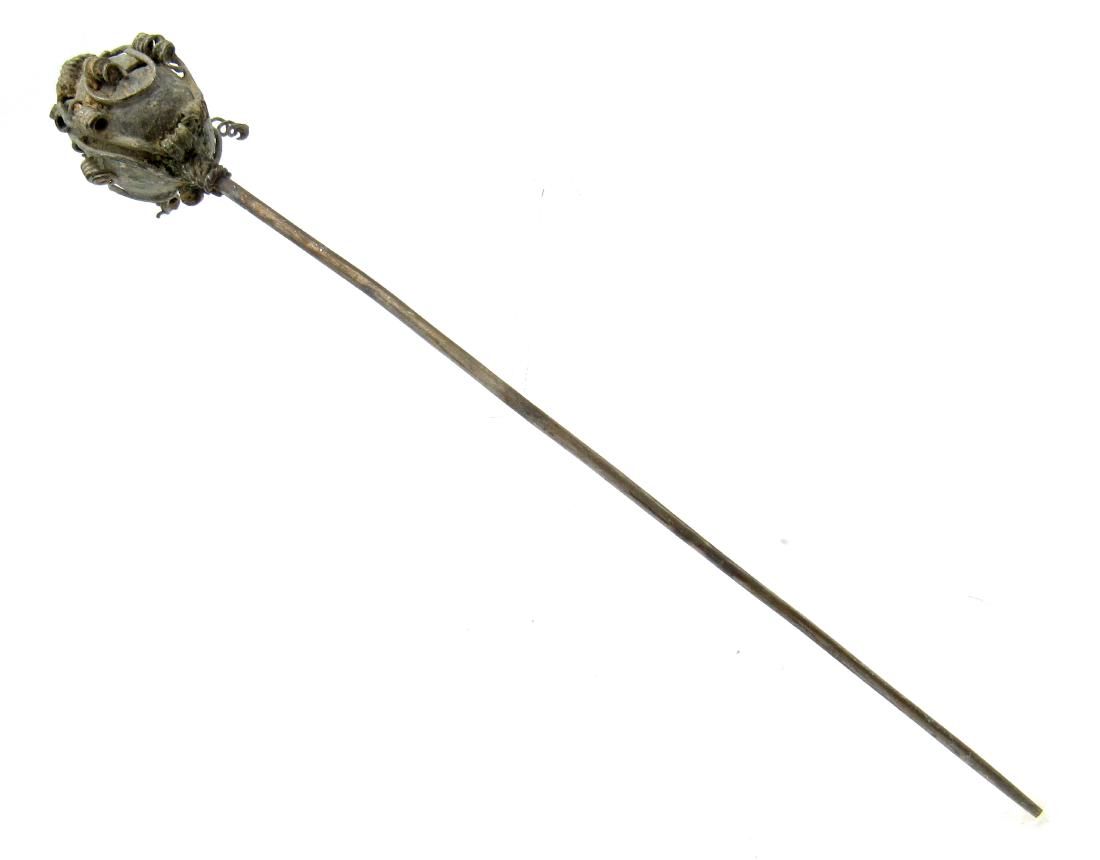 Medieval Silver Cloth Pin with Filigreed Orb Terminal: Material: Silver Dimensions: 124mm ; 5.7grams Provenance/Additional Information: From an old British collection, property of a London collector, acquired on British and European art market between 196