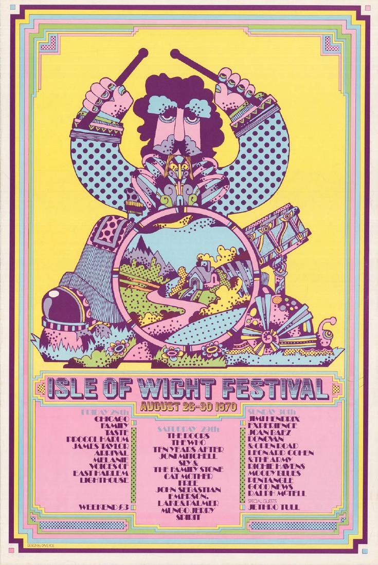 Rare 1970 Isle of Wight Festival Poster: Rare 1970 Isle of Wight Festival Poster Artist: Dave Roe Medium: Lithograph Printing Date: 1970 Size: 19 7/8" x 29 7/8" The Isle of Wight Festival in 1970 was one of the most legendary festivals held 