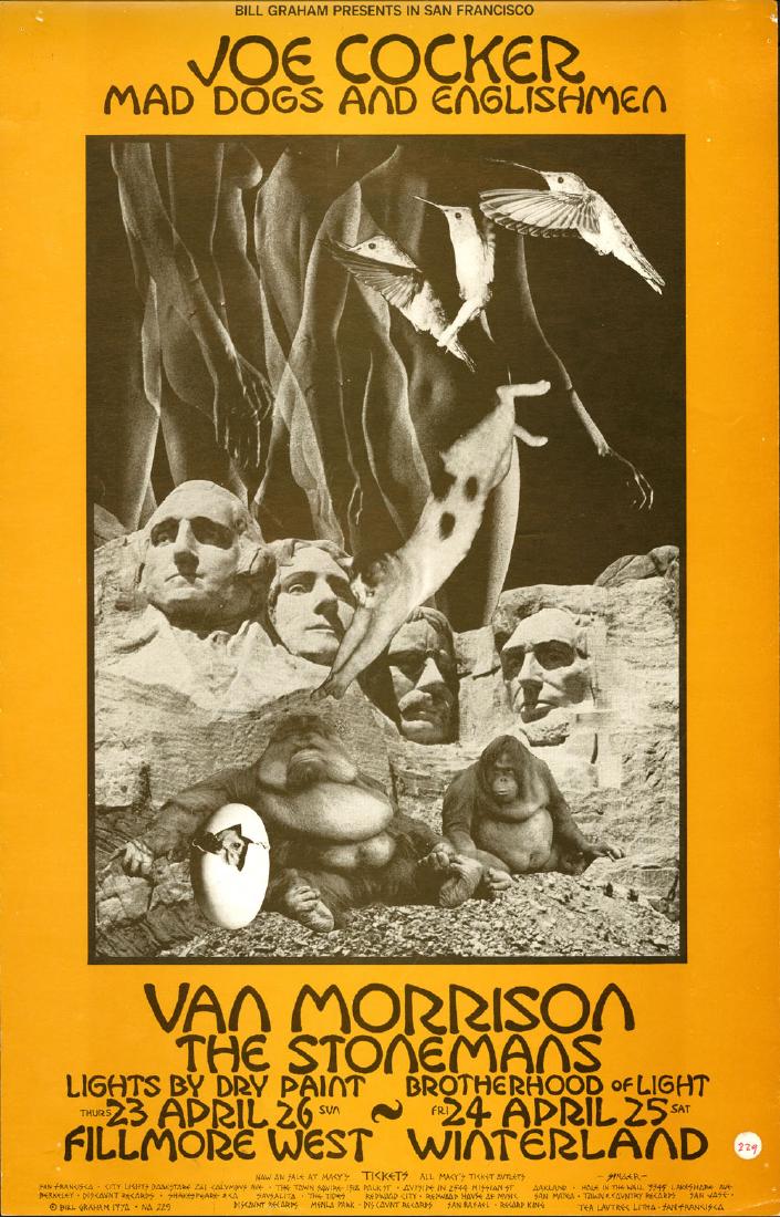Joe Cocker and Van Morrison Fillmore Poster: Joe Cocker and Van Morrison Fillmore Poster Artist: David Singer Medium: Lithograph Printing Date: 1970 Publisher: Bill Graham Presents Series: Bill Graham Presents Size: 14" x 22" Singer used a play-