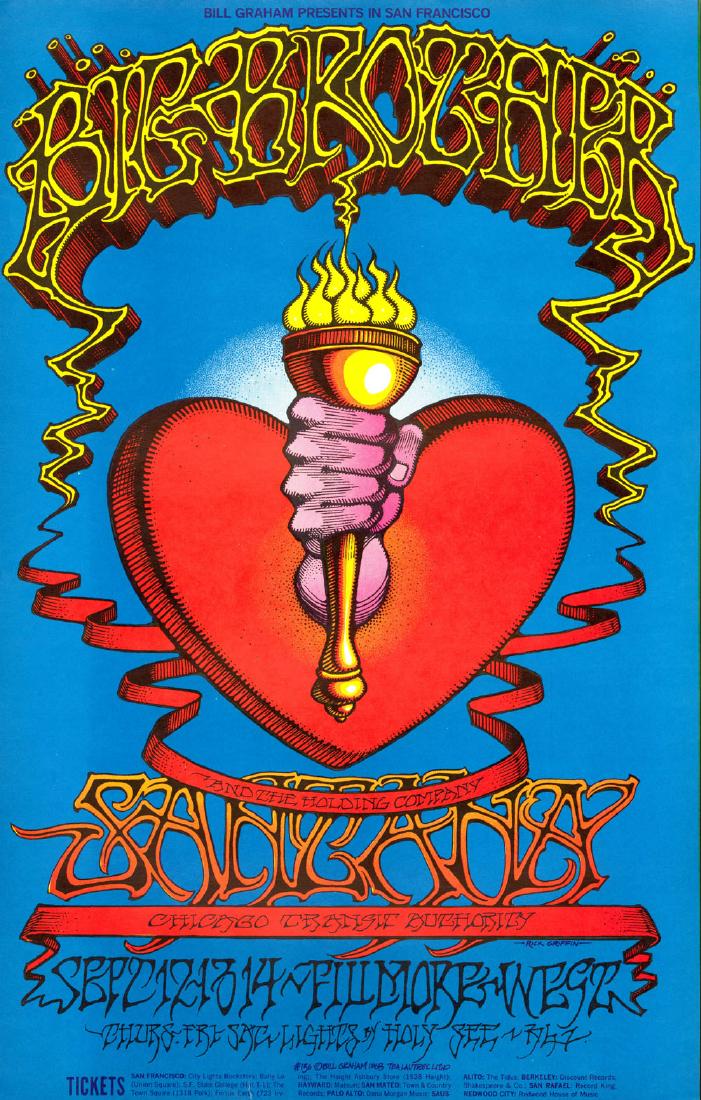 Gorgeous "Heart & Torch" Poster by Rick Griffin: Gorgeous "Heart & Torch" Poster by Rick Griffin Artist: Rick Griffin Medium: Lithograph Printing Date: 1968 Publisher: Bill Graham Presents Series: Bill Graham Presents Size: 14" x 22" The "Heart and 