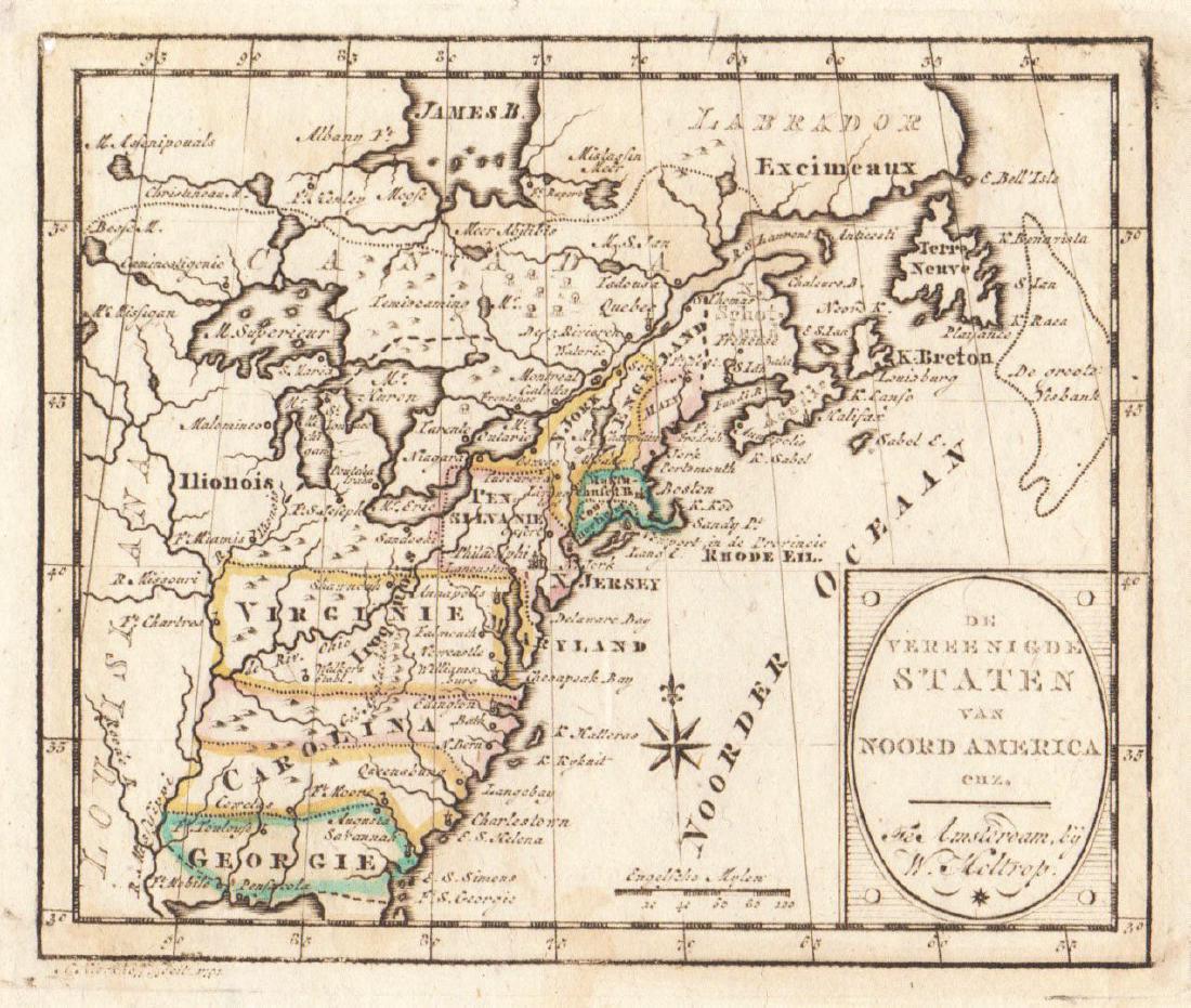 Holtrop: Antique Miniature Map of the U.S, 1788: Map: De Vereenigde Staten van Noord America Cartographer: Holtrop Place & Date: Amsterdam / 1788 Size: 4 1/2" x 3 3/4" Condition: outline color; overall age toning A delightful miniature map of the ne