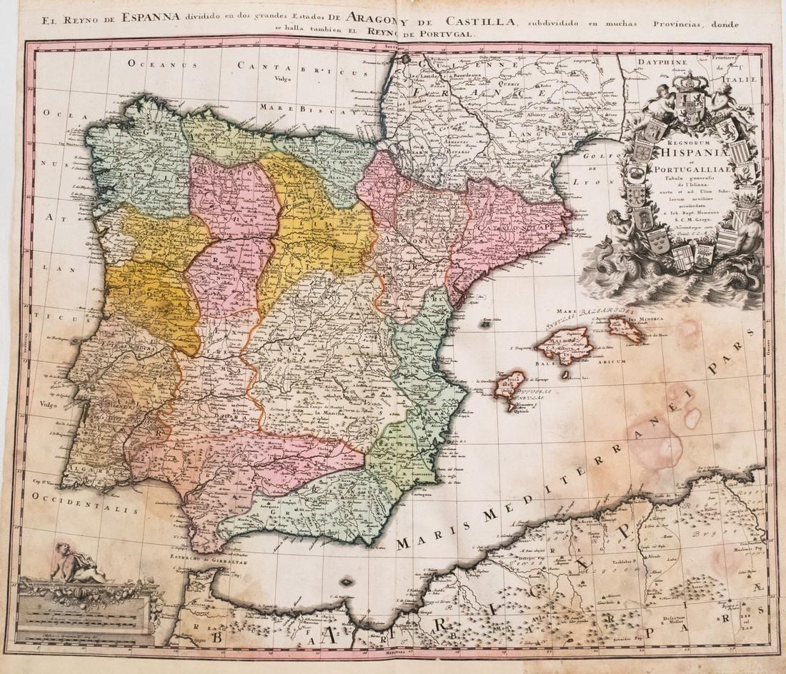 Homann: Antique Map of Spain & Portugal, 1753: Title/Content of Map: 1753 Homann Map of Spain and Portugal -- Regnorum Hispaniae et Portugalliae, Tabula generalis de l' Isliana, aucta et ad Usum Scholarum… Date Printed: 1753 Nurnberg Cartographe