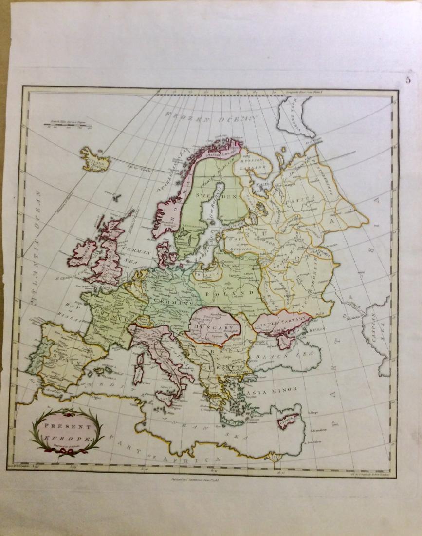 Stackhouse: Antique Map of Europe, 1783: Title/Content of Map: Europe Date Printed: 1783 Cartographer: Thomas Stackhouse Material/Medium: Paper Size: 16" x 20" Condition: Excellent Original hand color. Copperplate engraved. Published in Lond