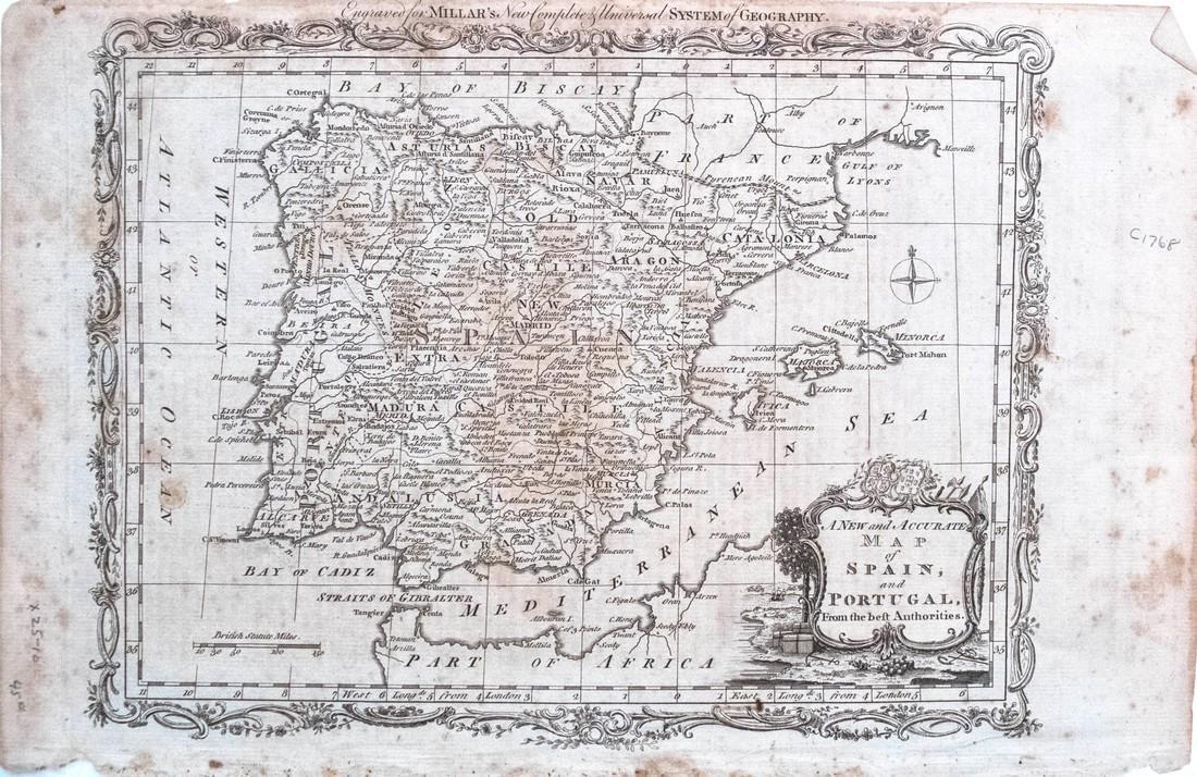 Millar: Antique Map of Spain & Portugal, 1768: Title/Content of Map: 1768 Millar Map of Spain and Portugal -- A New and Complete Map of Spain and Portugal Date Printed: 1768 c. Cartographer: G Millar Size: 14.3 x 9.3 in. Condition: Good - fair. Se