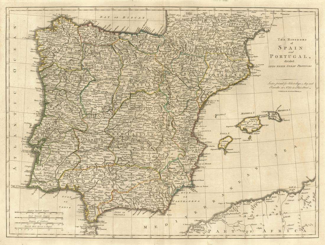 Sayer: Antique Map of Spain & Portugal, 1780: Map: Kingdoms of Spain and Portugal, Divided Into Their Great Provinces Publication Date: 1780-03-02 Cartographer: SAYER, ROBERT Publisher: ROBERT SAYER Size: Folio – 18.50 H x 25.25 W Inches Short 