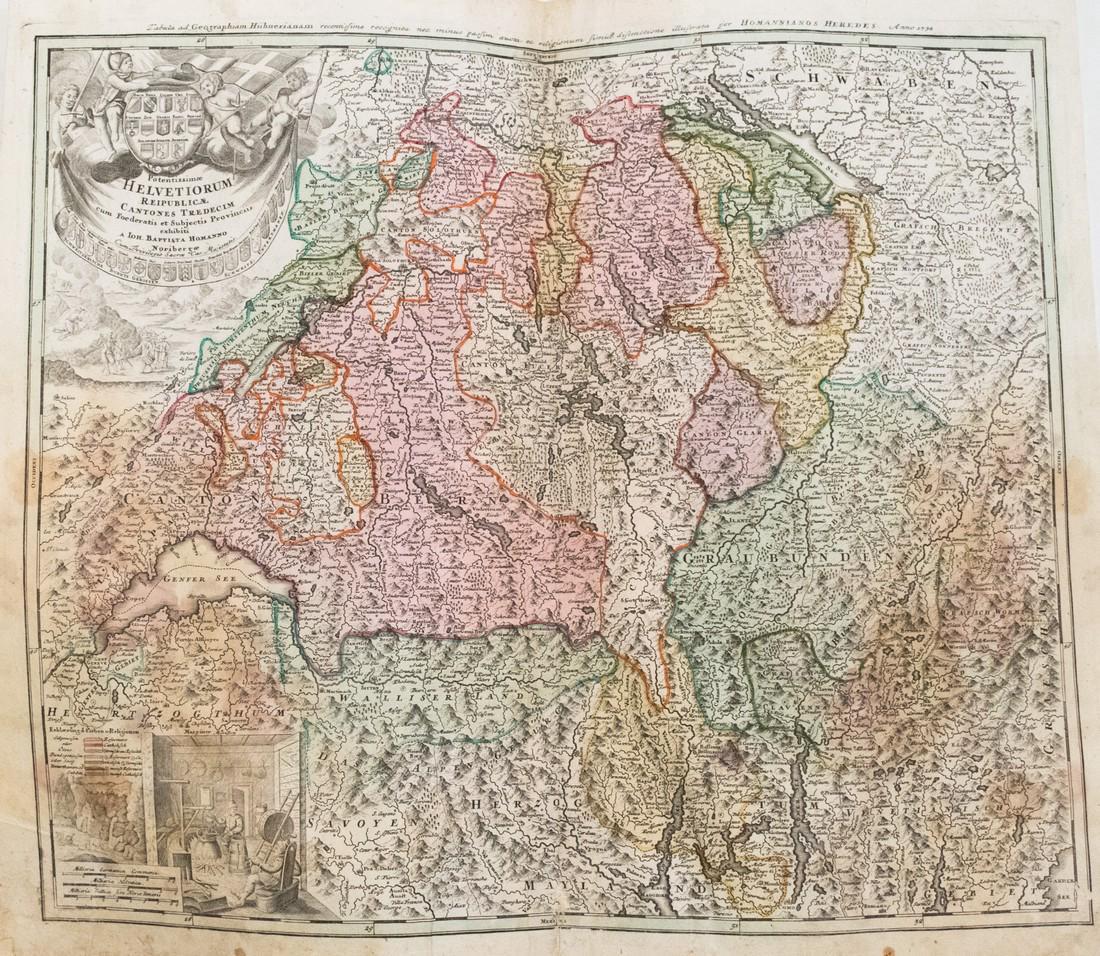 Homann: Antique Map of Switzerland, 1753: Title/Content of Map: 1753 Homann Map of Switzerland: Potentissimae Helvetiorum Reipublicae Cantones Tredecim cum Foederatis et Subjectis Provinciis Date Printed: 1753 Nurnberg Cartographer: J. Homann