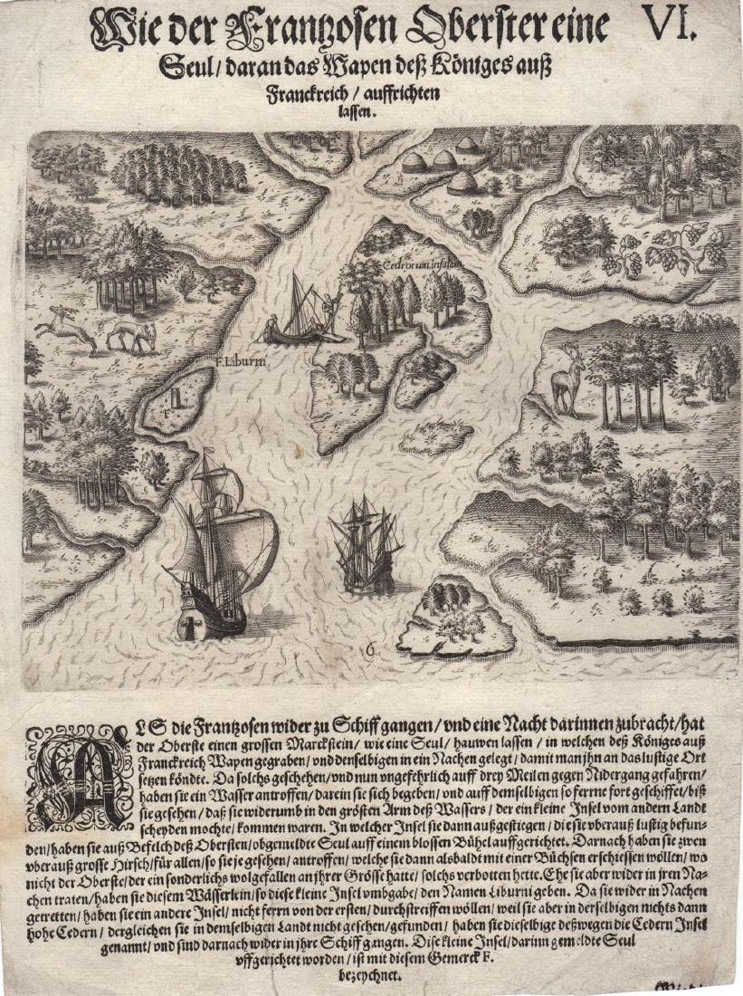 de Bry: Antique French Florida Colony View, 1590: Map: The French Commander Erects a Column with the Arms of the King of France Cartographer: Theodor de Bry Place & Date: Frankfurt / 1590 Size: 9" x 13 1/4" (overall sheet) Condition: b&w as published