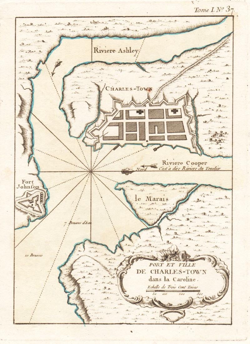 Bellin: Antique Plan of Charleston, 1764: Map: Port et Ville de Charles-Town Cartographer: Bellin Place & Date: Paris / 1764 Size: 5 7/8" x 8 1/2" Condition: outline color; very light age toning and minor spotting at outer edges of margins A 