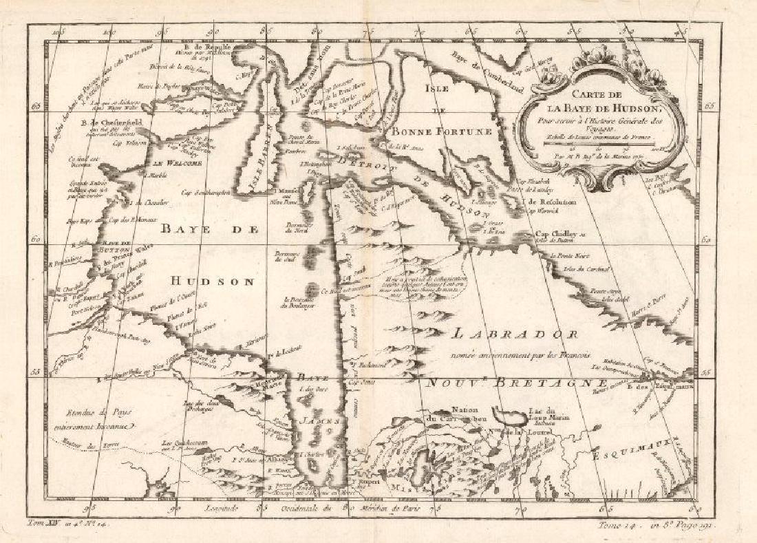 Bellin: Antique Map of Hudson Bay, Canada, 1757: Title/Content of Map: 'Carte de la Baye de Hudson' Hudson Bay. Canada Date Printed: 1757 Image Size: Approx 24.0 x 33.5cm, 9.25 x 13 inches (Large); Please note that this is a folding map. Type: Antiq