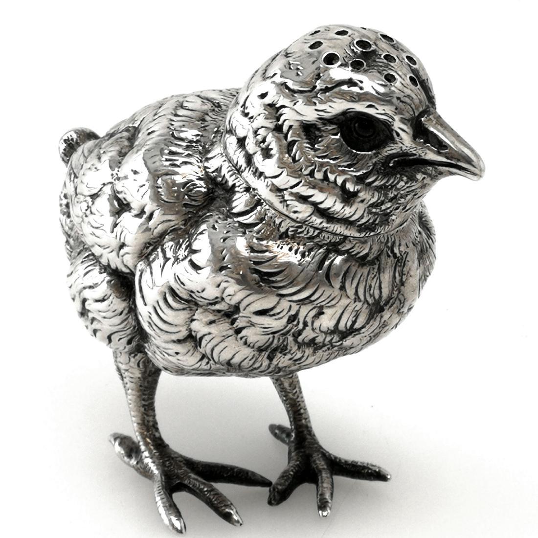 Antique Victorian Figural Silver Bird Pepper Shaker: Item: Victorian Antique Solid Silver Novelty Pepper Shaker Bird / Chick Made in London Date - 1882 Maker - THOMAS JOHNSON, LONDON Medium: Sterling Silver Signed/Inscribed: Full English Hallmark on Bod