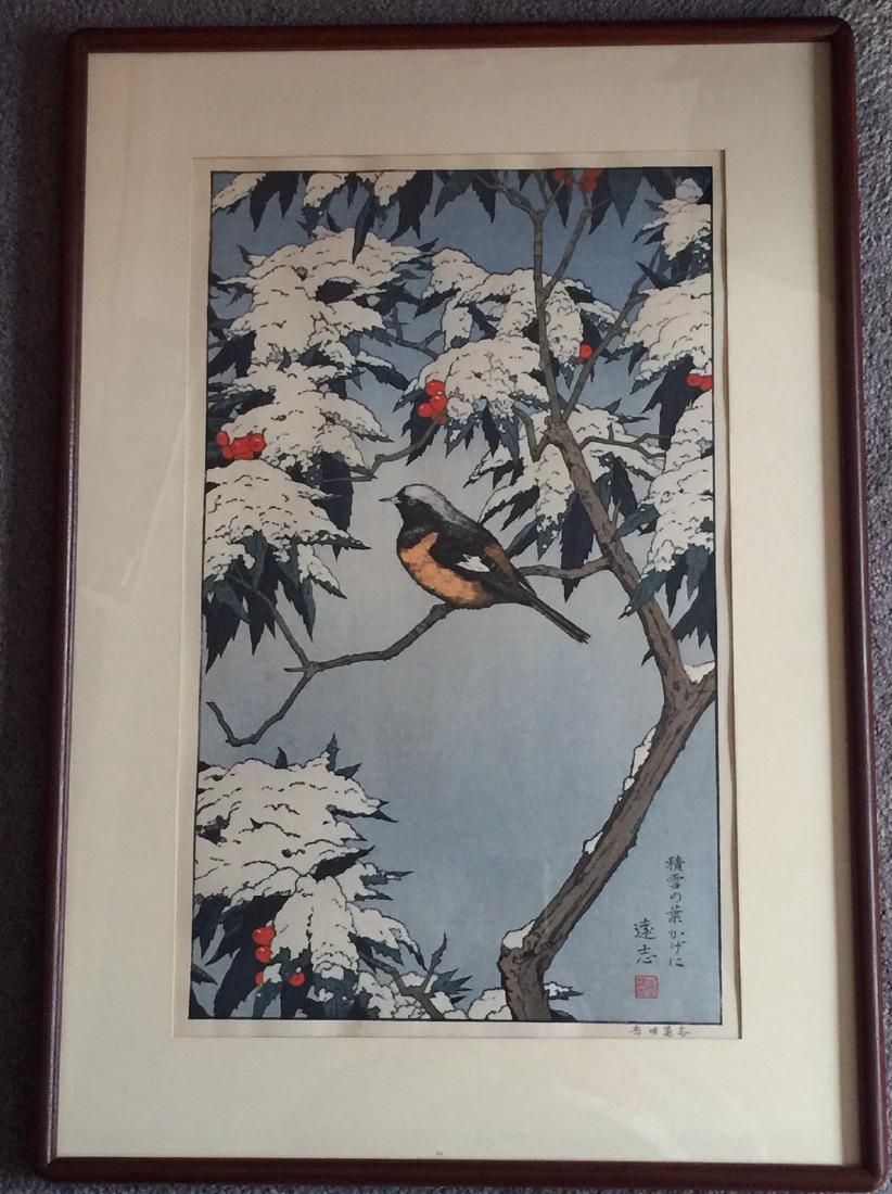 Toshi Yoshida Woodblock Winter: Artist: Toshi Yoshida Title: Winter Series: Birds of the Seasons Publisher: Yoshida Studio Date: 1982 Medium: Japanese Woodblock Size: 12.5 x 20.5 Frame 18.5 x 26.5 Shipping: Domestic: Flat-rate of $3