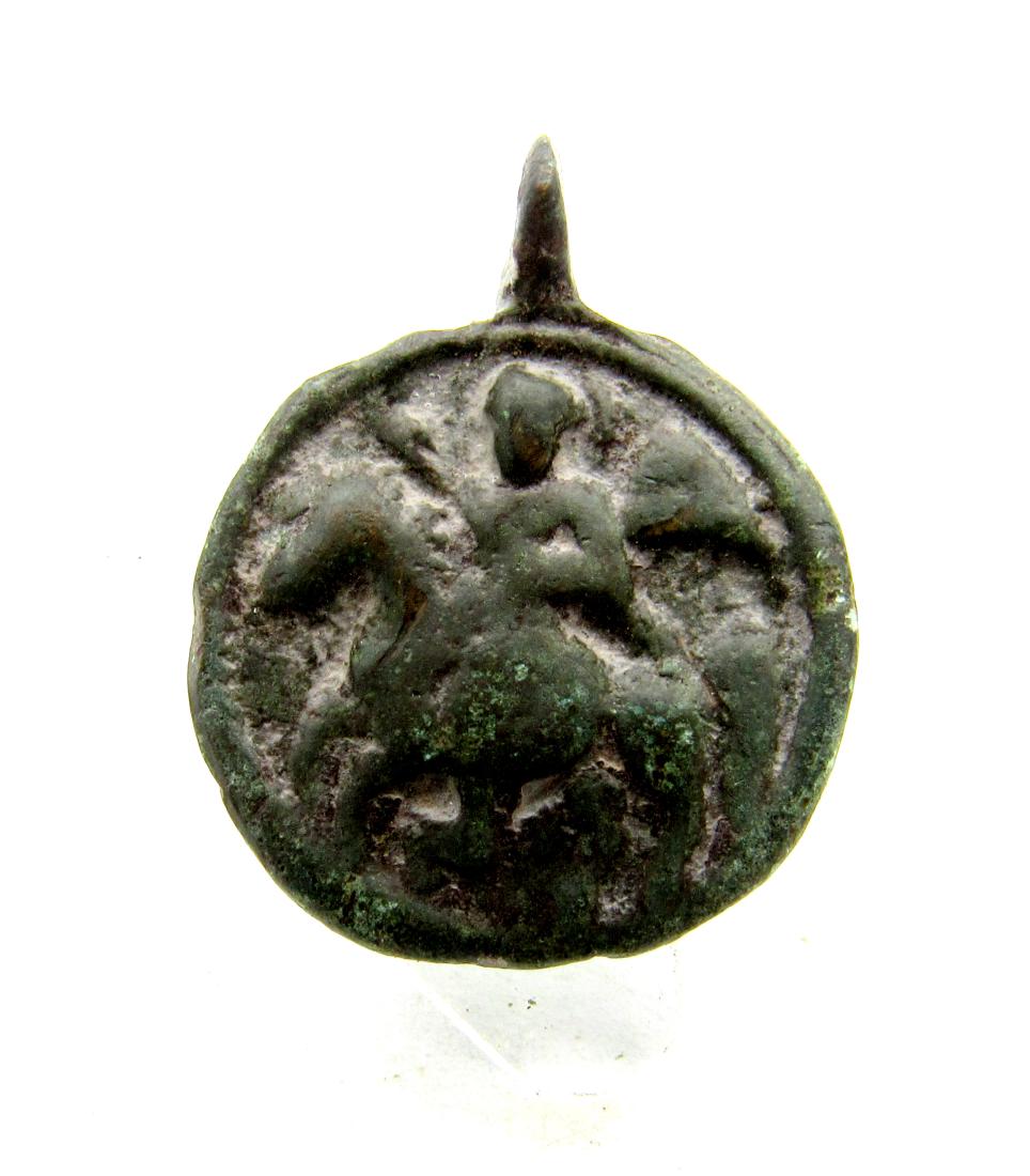 Byzantine Neck Icon Depicting Archangel Michael: Date: ca. AD 1200 Material: Bronze Provenance: Obtained from an old British collection, purchased from a private collector in London, acquired between 1960 - 1990. Dimensions: 24mm ; 2.3grams Viking L