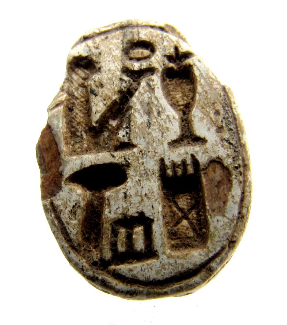 Ancient Egyptian Canaanite Scarab with Hieroglyphs: Date: ca. 1st millennium BC Material: Stone Provenance: Obtained from an old British collection, purchased from a private collector in London, acquired between 1960 - 1990. Dimensions: 16mm ; 1.8grams