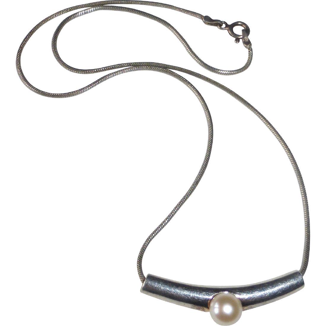 Retro Sterling Silver & Cultured Pearl Necklace (1 of 9)
