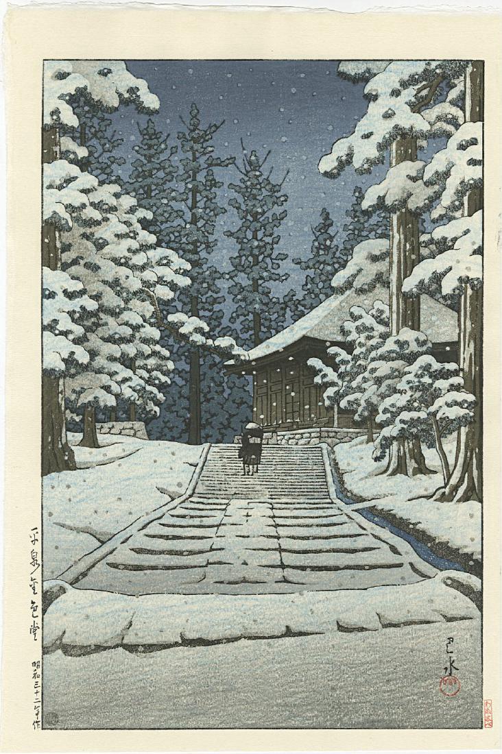 Hasui Kawase Woodblock Hommonji Temple in Snow (1 of 2)