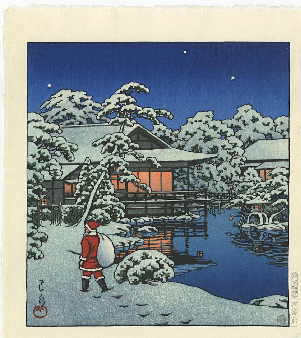 Hasui Kawase Woodblock Santa Claus in a Japanese Garden: Artist: Hasui Kawase Title: Santa Claus in a Japanese Garden Publisher: Watanabe Date: 1952, Showa era strike printed from the original wood blocks Size: 9.5 x 10.6 inches overall Medium: Japanese woo