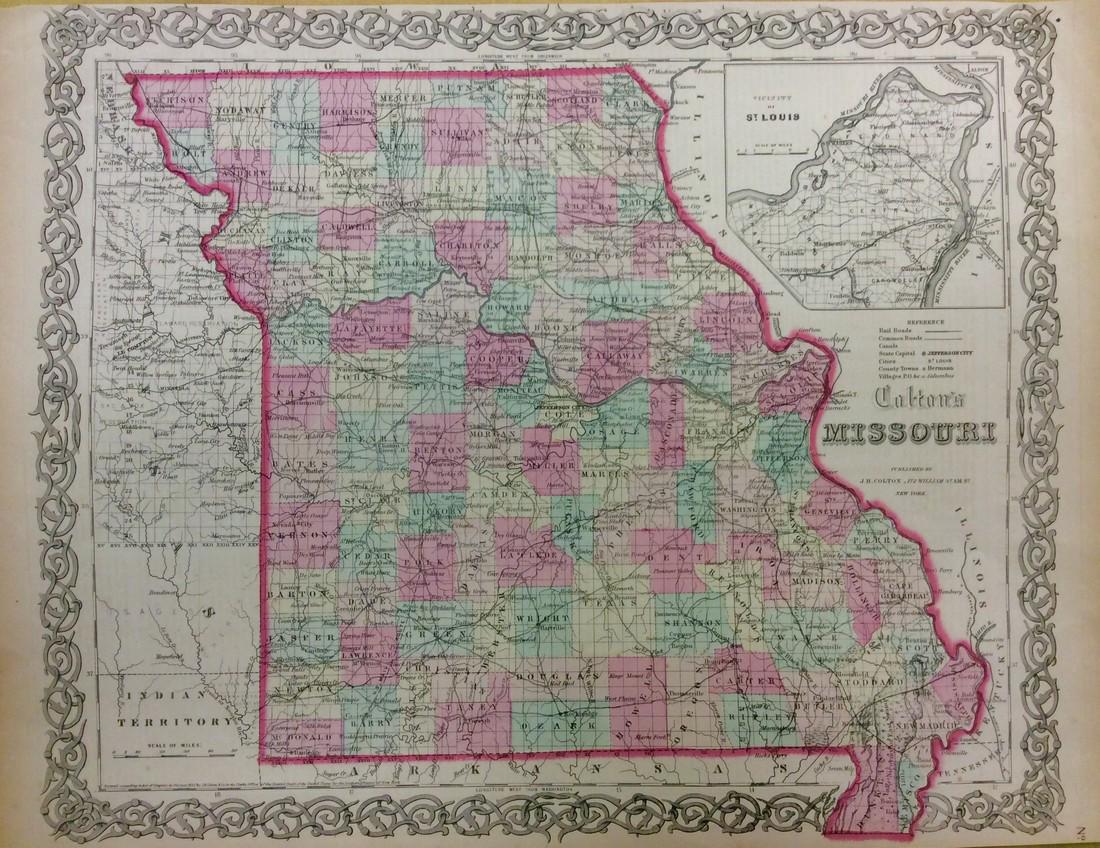 Colton: Antique Map of Missouri, 1861: Title/Content of Map: Missouri by Colton Date Printed: 1861 Cartographer: G. W. Colton Material/Medium: Paper Size: 17" x 14" Hand colored lithograph. From 'Colton's General Atlas.' Published in New Y