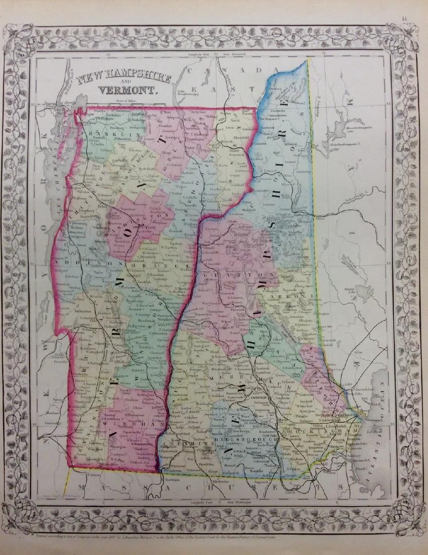 Mitchell: Antique Map of New Hampshire & Vermont, 1869: Title/Content of Map: New Hampshire & Vermont by Mitchell Date Printed: 1869 Cartographer: Augustus S. Mitchell Material/Medium: Paper Size: 12" x 15" Hand colored engraved Map. From 'Mitchell's New G