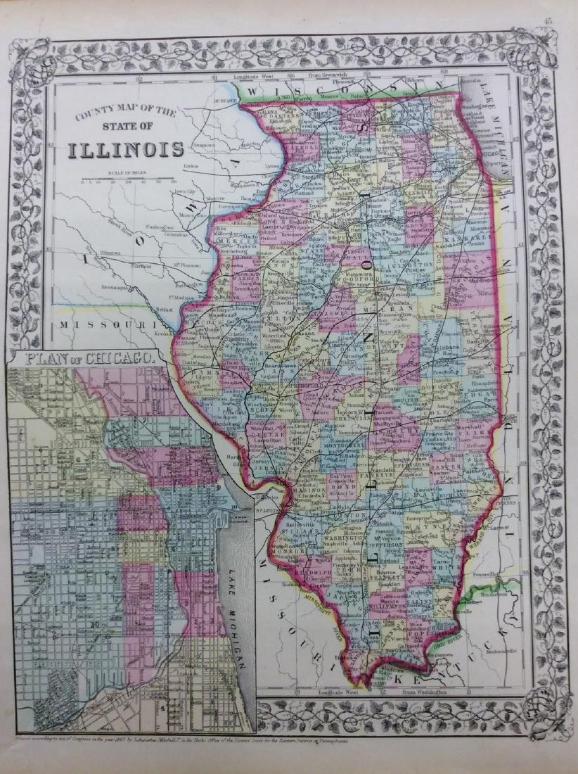 Mitchell: Antique Map of Illinois, 1869: Title/Content of Map: Illinois by Mitchell Date Printed: 1869 Cartographer: Augustus S. Mitchell Material/Medium: Paper Size: 15" x 12" Hand colored engraved Map. From 'Mitchell's New General Atlas.'