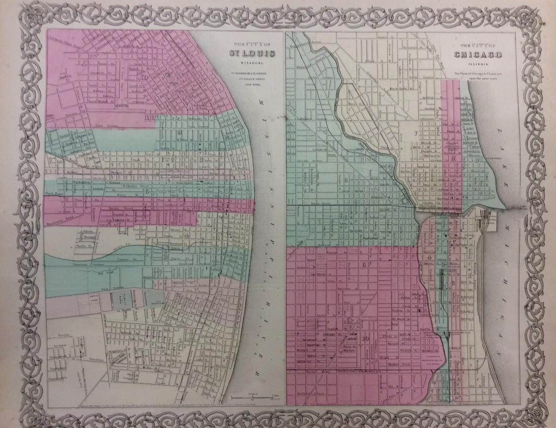 Colton: Antique Map of St. Louis & Chicago, 1861: Title/Content of Map: St. Louis & Chicago Date Printed: 1861 Cartographer: J.H. Colton Material/Medium: Paper Size: 17 1/2" x 14" Hand colored, steel engraved. From 'Colton's General Atlas. Published