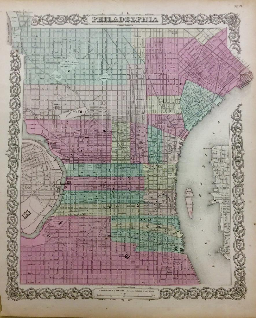 Colton: Antique Map of Philadelphia, 1861: Title/Content of Map: Philadelphia by Colton Date Printed: 1861 Cartographer: J. H. Colton Material/Medium: Paper Size: 14" x 17 Hand colored, steel engraved. From 'Colton's General Atlas. Published i