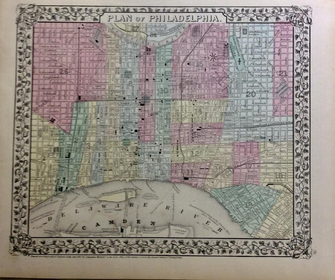 Mitchell: Antique Map of Philadelphia, 1869: Title/Content of Map: Philadelphia by Mitchell Date Printed: 1869 Cartographer: Augustus S. Mitchell Material/Medium: Paper Size: 15 1/3" x 12 1/3" Condition: Excellent Hand colored engraved Map. Publ