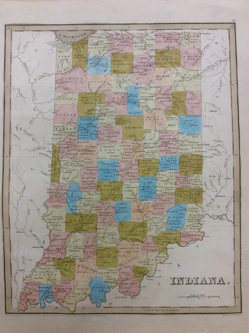 Bradford: Antique Map of Indiana, 1838: Title/Content of Map: Indiana by Bradford Date Printed: 1838/1841 Cartographer: Thomas G. Bradford Material/Medium: Paper Size: 13" x 16 1/2" Hand colored. A General Atlas of the World with a Separate