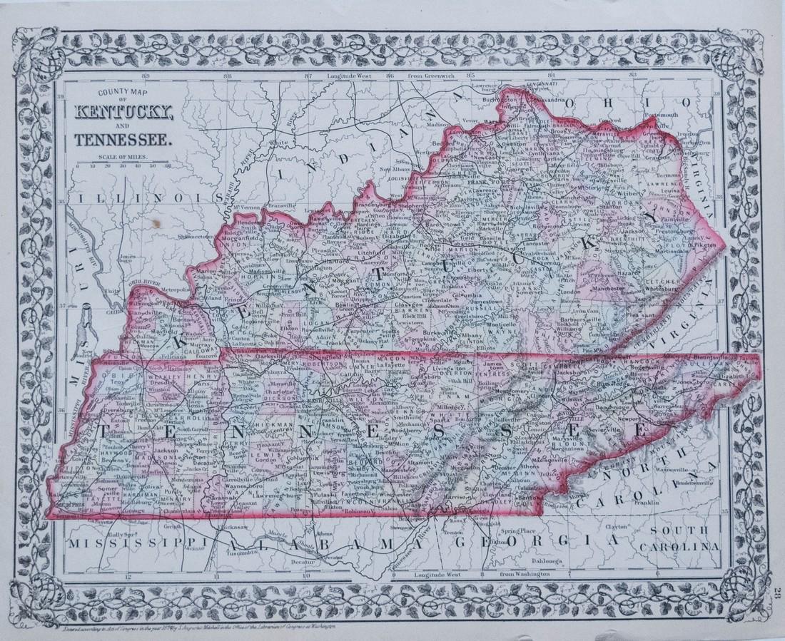 Mitchell: Antique Map of Kentucky and Tennessee, 1874: Title/Content of Map: 1874 Mitchell Map of Kentucky and Tennessee -- County Map of Kentucky and Tennessee Date Printed: 1874 Philadelphia Cartographer: S Mitchell Size: 10.5 x 13.4 in. A nice map of K