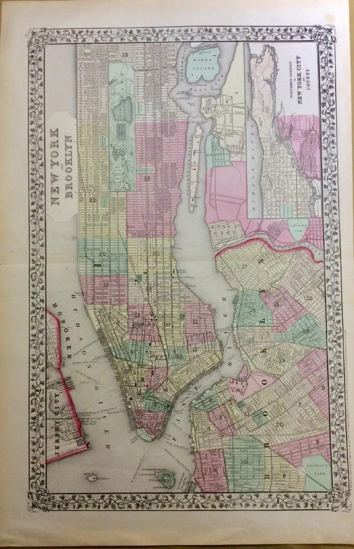 Mitchell: Antique Map of New York City, 1869: Title/Content of Map: New York City by Mitchell Date Printed: 1869 Cartographer: Augustus S. Mitchell Material/Medium: Paper Size: 23" x 15" Condition: Excellent Hand colored engraved Map. Published i