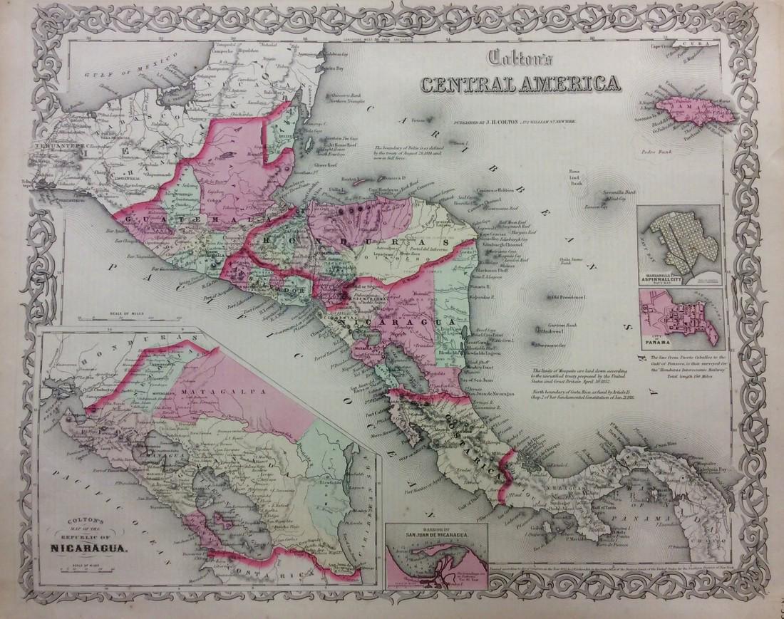 Colton: Antique Map of Central America, 1861: Title/Content of Map: Central America Date Printed: 1861 Cartographer: J.H. Colton Material/Medium: Paper Size: 17" x 14" Hand colored, steel engraved. From 'Colton's General Atlas.' Published in New 