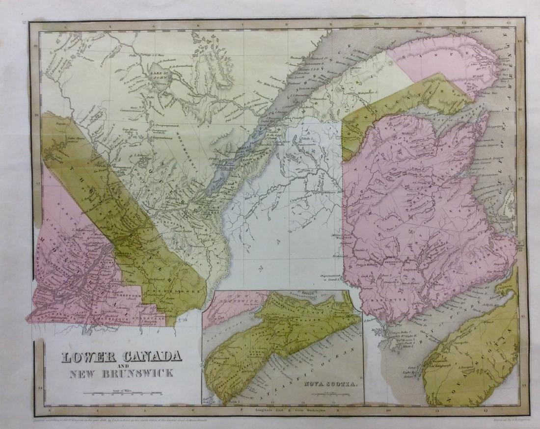 Bradford: Antique Map of Lower Canada, 1838: Title/Content of Map: Lower Canada and New Brunswick Date Printed: 1838/1841 Cartographer: Thomas G. Bradford Material/Medium: Paper Size: 16 1/2" x 13 1/2" Hand colored. A General Atlas of the World 