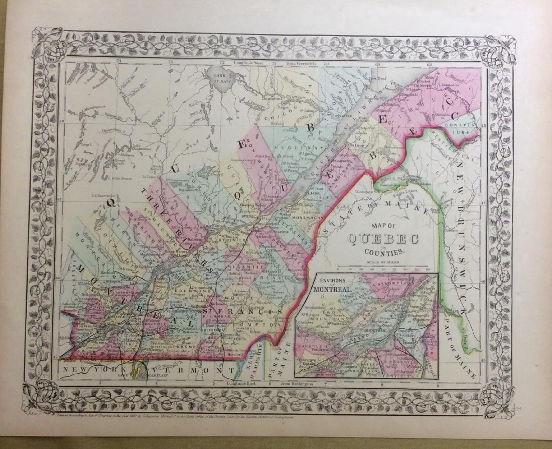 Mitchell: Antique Map of Quebec in Counties, 1869: Title/Content of Map: Quebec in counties Date Printed: 1869 Cartographer: Augustus S. Mitchell Material/Medium: Paper Size: 15 1/4" x 12" Condition: Excellent Hand colored engraved Map. Published in P